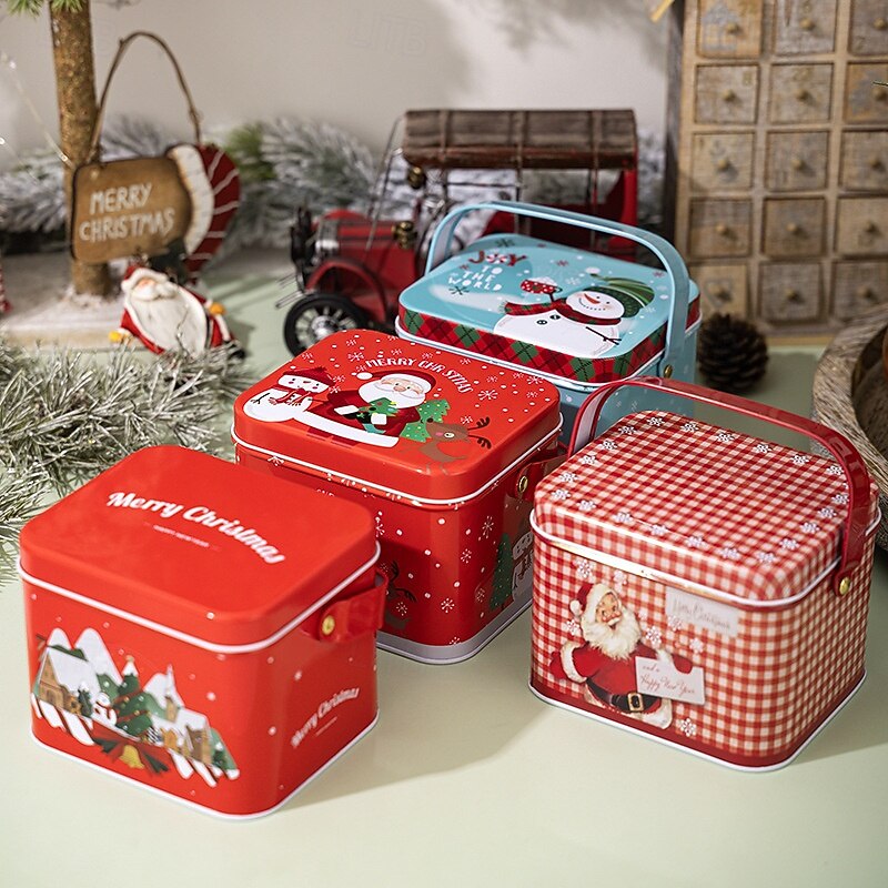 Christmas Cookie Tins with Lids for Gift Giving Xmas Tin Containers Metal Box with Handle Holiday Candy Biscuit Storage Jar Gift Packaging Box Festive Christmas Party Decoration Accessory3