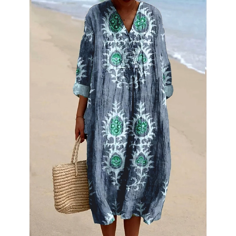 Women's Midi Dress Sundress A Line Dress Vacation Casual Boho Party Holiday Beach Loose Fit Floral Graphic Long Sleeve V Neck Sage Green Dusty Blue Brown Summer Spring Fall2