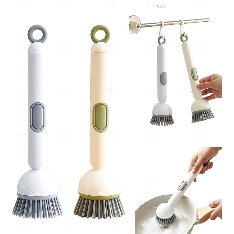 Adjustable Cleaning Brush with Liquid Dispenser Long Handle Rotating Pot Brush with Cleaning Liquid 6-Level Adjustable Handle & Refillable PET Scrub Head Scratch-Free for Kitchen and Cookware Cleaning