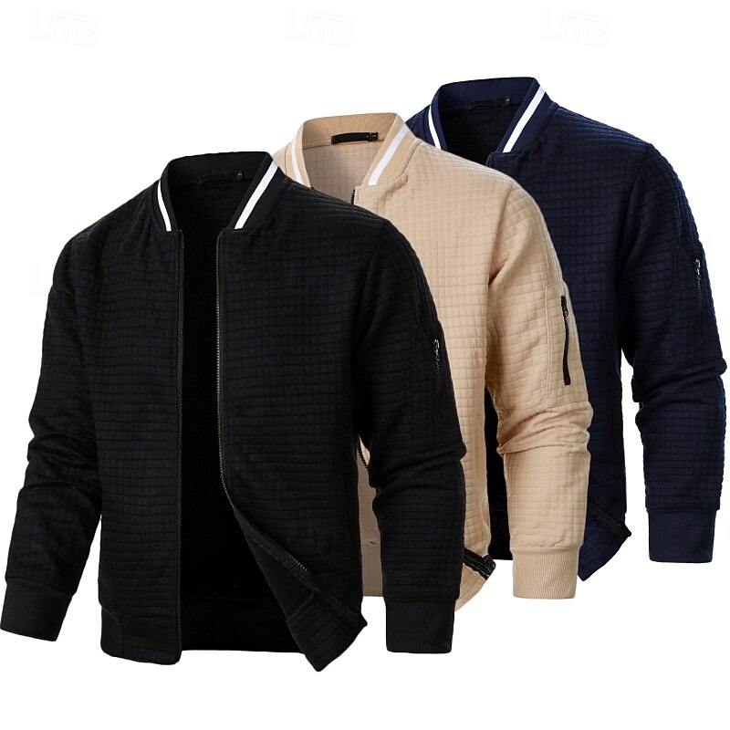 Men's Sweatshirt Waffle Sweatshirt Full Zip Sweatshirt Khaki+Black+Wine Navy Blue+Dark Gray+Army Green Black+Khaki+Navy Blue Standing Collar Plain Textured Sports & Outdoor Casual Daily Streetwear4
