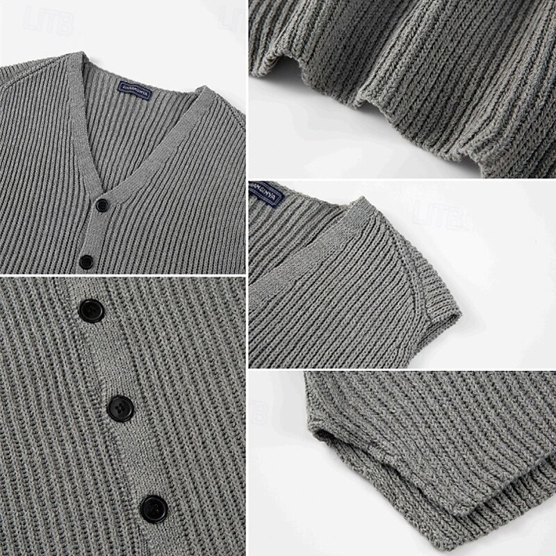 Men's Sweater Vest Vest Knitwear Cardigan Vest Ribbed Knit Regular Tops Buttons Plain V Neck Fashion Classic Vacation Daily Wear Clothing Apparel Fall Winter Gray M L XL4