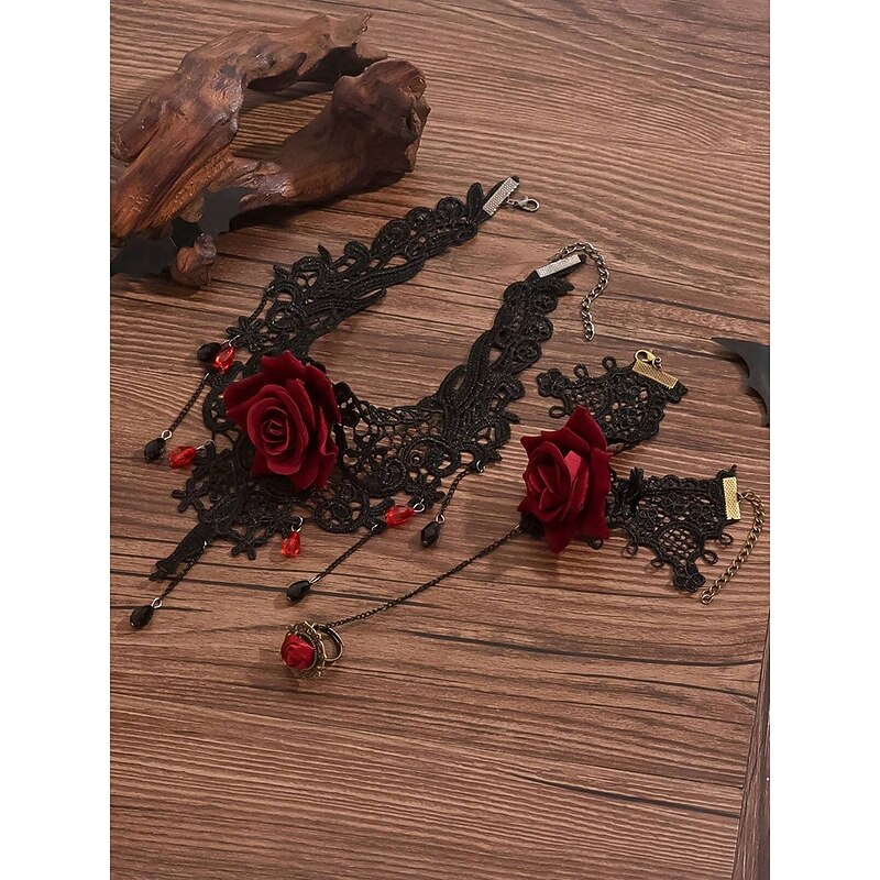 Women's Halloween Gothic Lace Rose Choker Necklace & Bracelet Ring Set — Black Victorian Statement Jewelry with Red Flower, Beaded Teardrops & Adjustable Chains for Cosplay, Costume Parties4