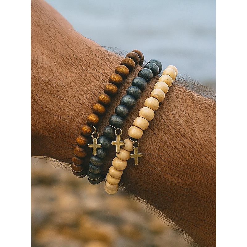 Men's Wooden Beaded Cross Bracelet Set – Natural Rustic Style Stretch Bracelets for Casual, Beach or Spiritual Wear2