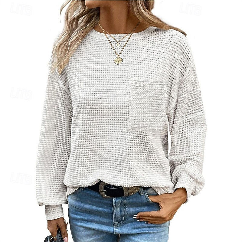 Women's Texture Sweatshirt T Shirt Tee Top Plain Fashion Modern Long Sleeve Crew Neck Regular Tops Daily Going out Pocket Black White Brown Green Khaki Spring Fall2