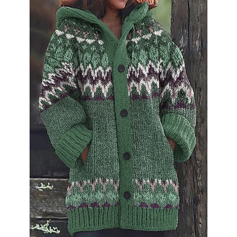 Women's Cardigan Vacation Vintage Daily Geometric Color Block Ribbed Hooded Knitted Print Front Pocket Long Sleeve Regular Tops Knit Outdoor Daily Holiday Blue Brown Fall Winter3