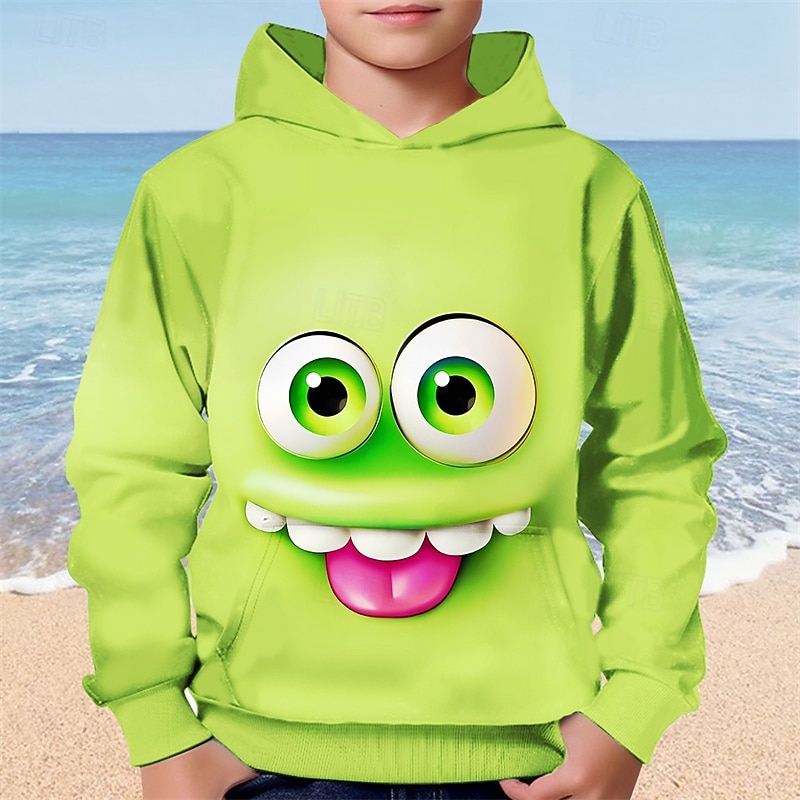 Boys Cartoon Funny Smile Face Hoodie Long Sleeve 3D Print Fall Winter Fashion Streetwear Kids 4-12 Years Hooded Outdoor Casual Daily Regular Fit