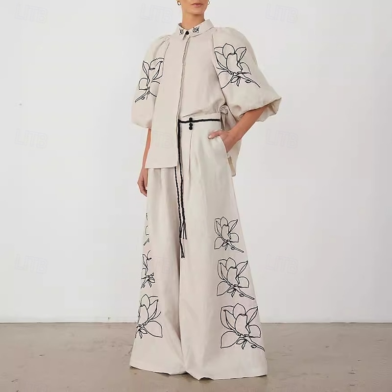 Women's Elegant Vacation Vintage Pants Sets Long Sleeve Lantern Sleeve Shirt Embroidered  Collar Floral Vacation Casual Daily Embroidery Set Spring Loose Fit2
