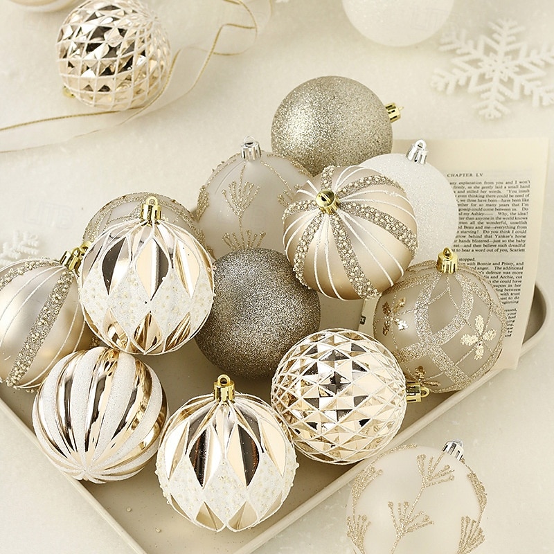 16 pcs Christmas Tree Balls Baubles Ornaments, 8 cm/3.15 inch Xmas Decoration, Light Champagne White Shaped Painted Hanging Set, Tree Accessories for Holiday Decor2