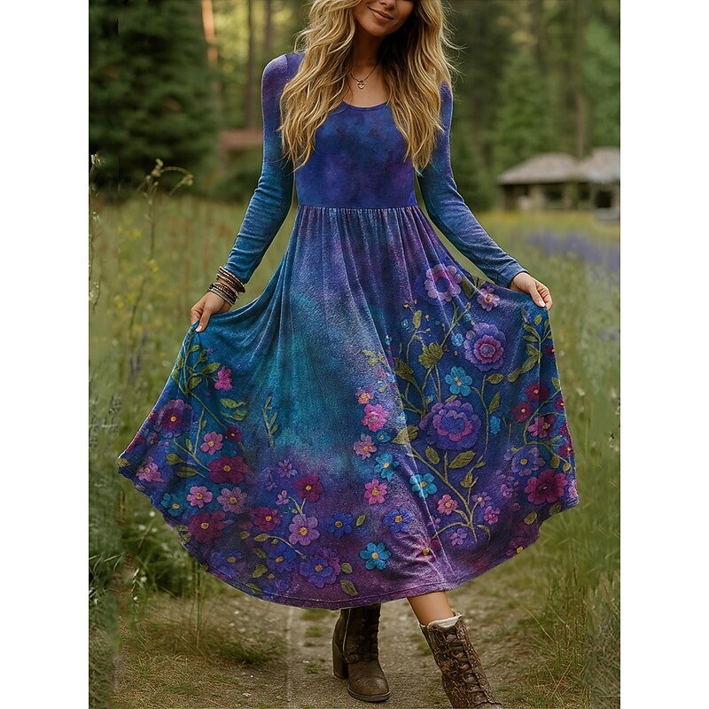 Women's Maxi Dress Fit And Flare Dress Vacation Casual Boho Party Daily Going out Regular Fit Floral Polka Dot Long Sleeve Crew Neck Blue Sky Blue Purple Green Fall Winter