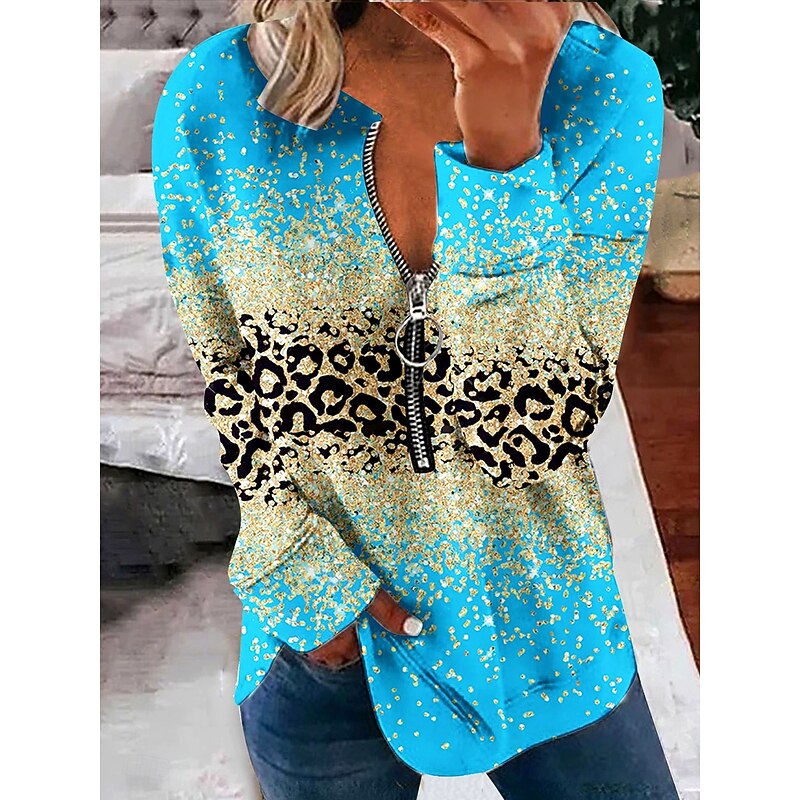 Women's Pullover Sweatshirt Zip Up Sweatshirts Graphic Animal Leopard Fashion Casual Long Sleeve Crew Neck Regular Tops Street Dailywear Zipper Print Light Pink Light Green Blue Purple Spring Fall4