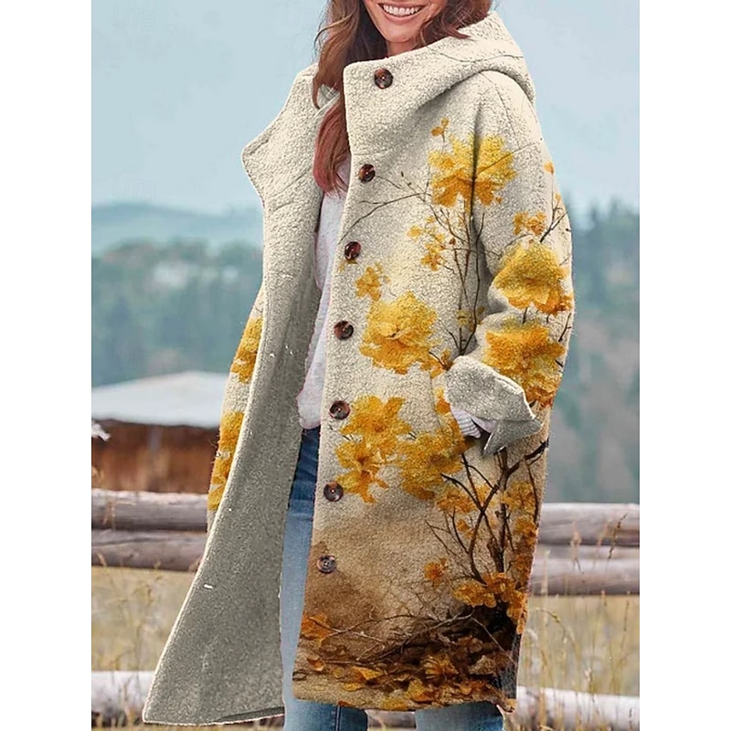 Women's Winter Jacket Fleece Jacket Coat Warm Breathable Pocket Buttons Print Active Daily Casual Floral Vacation Street Daily Single Breasted Long Hoodie Regular Fit Long Sleeve Outerwear Yellow2