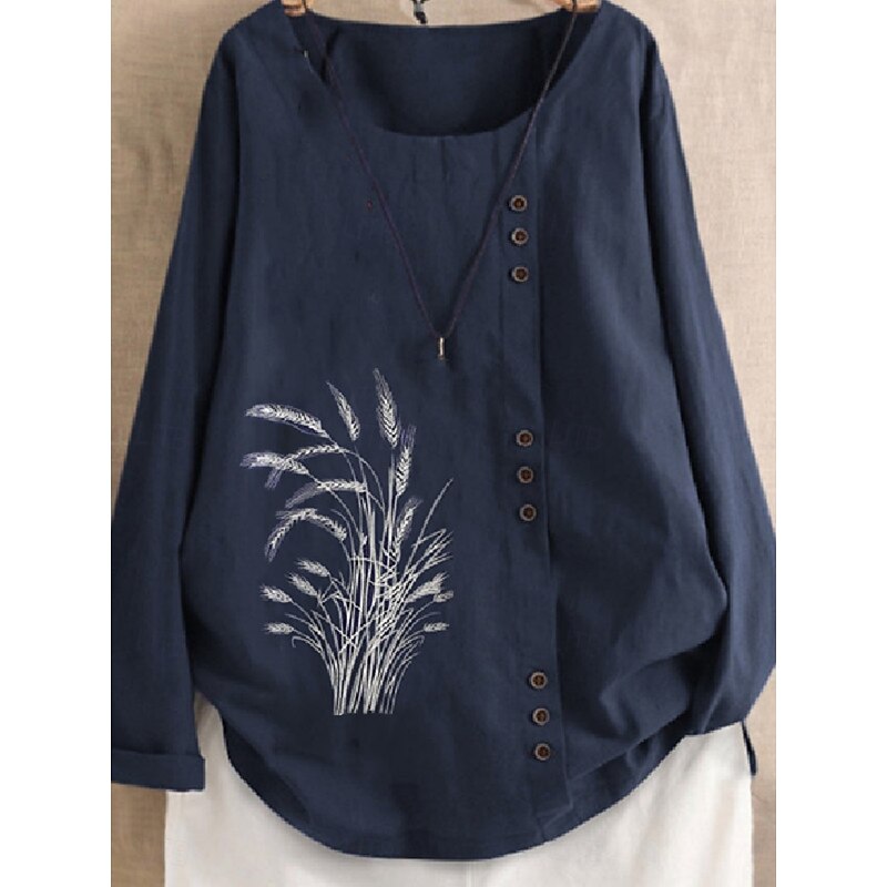 Women's Cotton Linen Shirts Floral Basic Casual Long Sleeve Crew Neck Regular Tops Daily Embroidered Buttons Navy Blue Green Light Blue Summer Fall