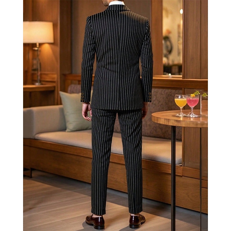 Men's Blazer Set Business Cocktail Party Wedding Party 2 Piece Fashion Casual Spring Fall Polyester Stripe Pocket Buttons Comfortable Double Breasted Blazer Black2