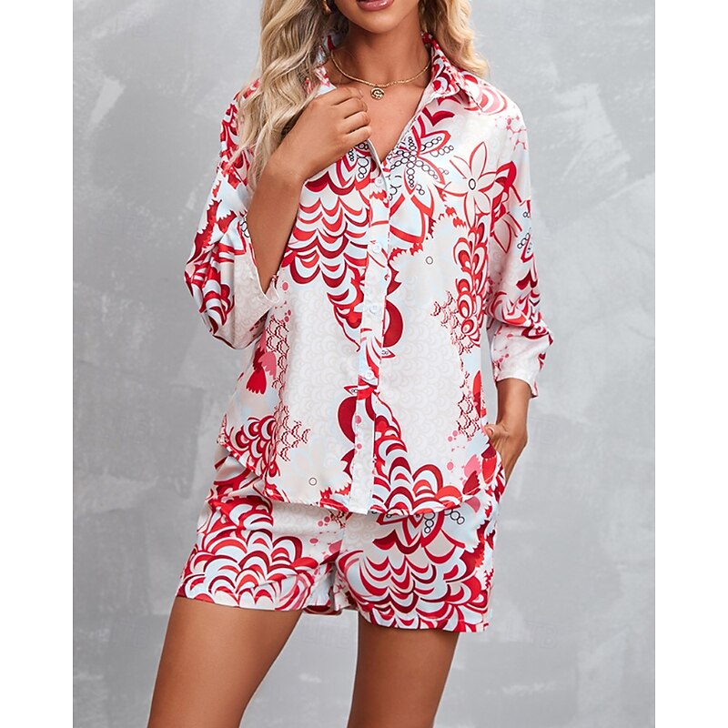 Women's Active Streetwear Shirt Blouse Shorts Sets Long Sleeve Shirt Collar Floral Print Vacation Casual Daily Pink Red Fall Regular Fit