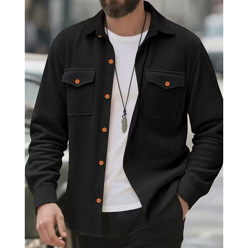 Men's Lightweight Jacket Corduroy Jacket Cargo Jacket Casual Jacket Vacation Daily Breathable Pocket Spring Fall Plain Fashion Classic Lapel Regular Black Light Grey Army Green Beige Jacket3