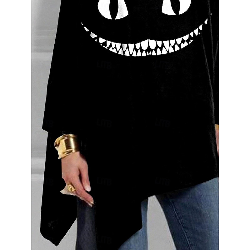 Halloween Women's T shirt Monster Graphic Skull Vintage Stylish Classic Long Sleeve Crew Neck Regular Tops Daily Weekend Print Asymmetrical Black Orange Fall Winter3