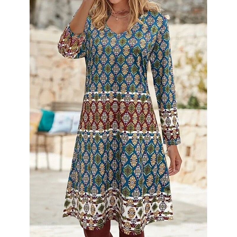 Women's Mini Dress Casual Dress Sundress A Line Dress Bohemia Vintage Stylish Beach Regular Fit Graphic Geometric Abstract Long Sleeve V Neck Green Summer Spring Fall2