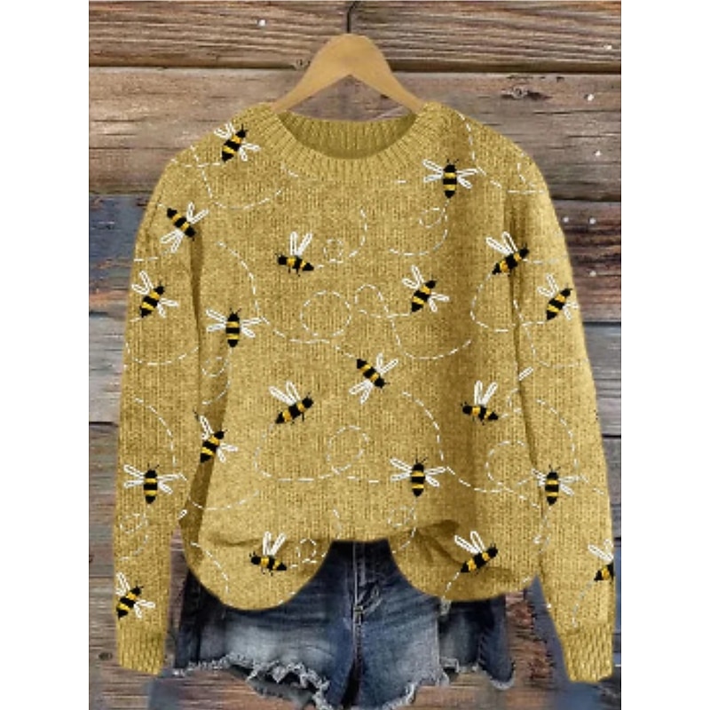 Women's Sweater Casual Soft Graphic Ribbed Crew Neck Knitted Print Long Sleeve Regular Tops Knit Outdoor Daily Weekend Yellow Green Fall Winter