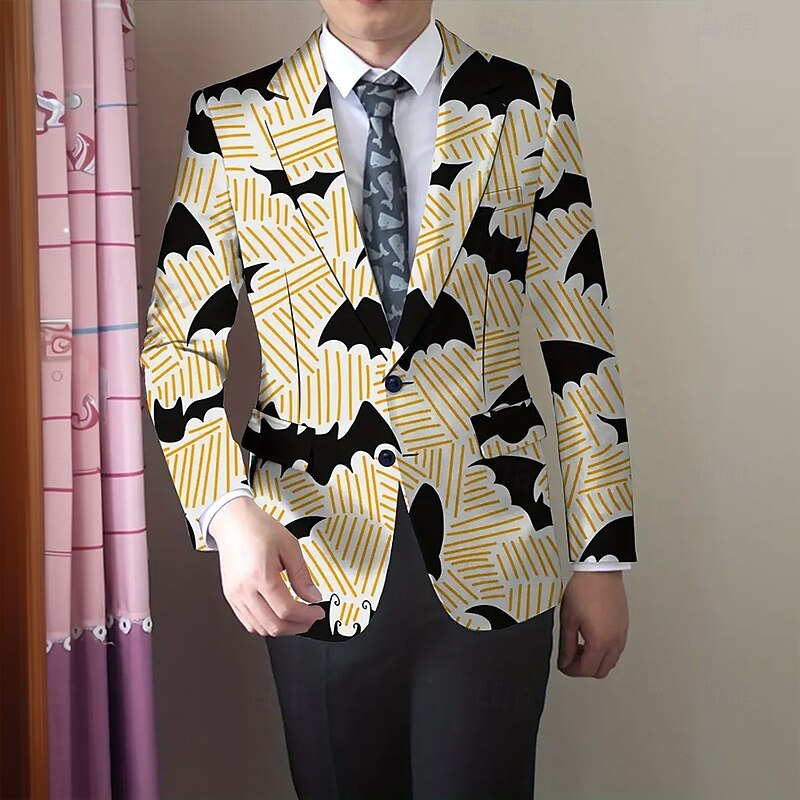 Halloween Men's Coat Blazer Outdoor Street Festival Casual Daily British All Seasons 100% Polyester Bat 3D Print Buttons Comfortable Single Breasted Blazer Black Orange Brown3