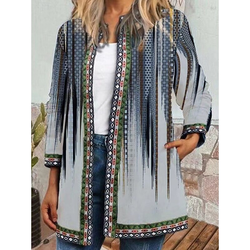 Women's Casual Jacket Windproof Warm Pocket Color Block Open Front with Pockets Modern Floral Casual Daily Casual Daily Short Crewneck Regular Fit Long Sleeve Outerwear Black Light Green Blue Fall3