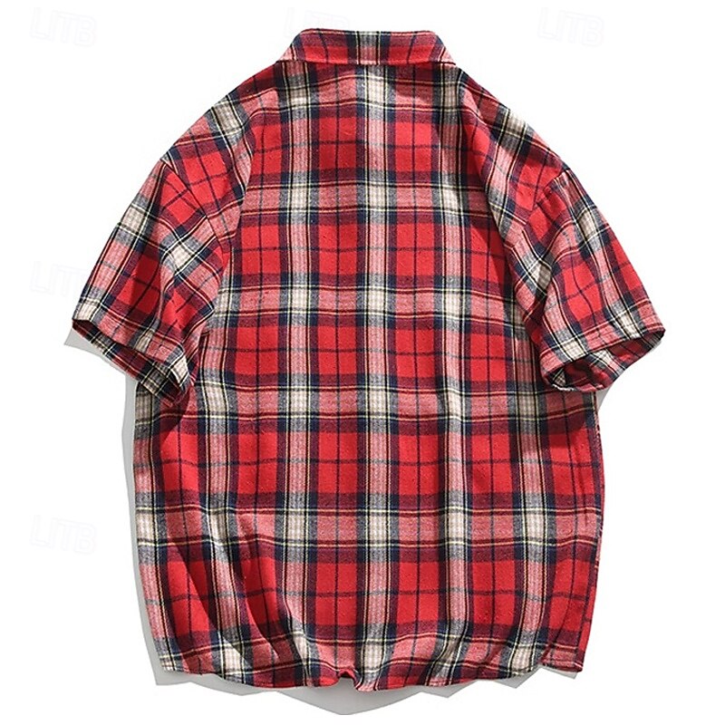 Men's Shirt Summer Shirt Casual Shirt Beach Shirt Button Up Shirt Yellow Red Green Short Sleeve Plaid Lapel Vacation Hawaiian Pocket Clothing Apparel Polyester Fashion Casual Comfortable2