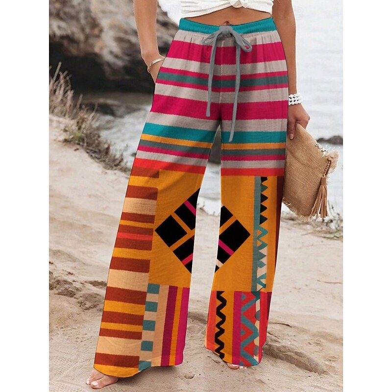 Women's Wide Leg Pants Trousers Ethnic Style Retro Vintage Long High Waist Geometic Elastic Waist Printing High Cut Breathability Soft Micro-elastic Vacation Street Daily Wear Yellow Purple Fuchsia4