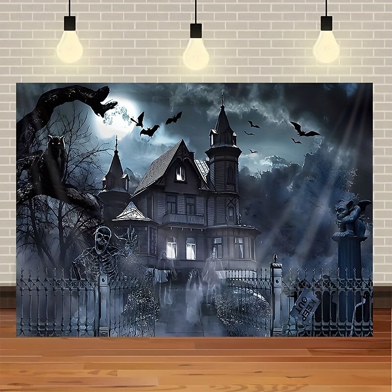 Skull in the Sky Halloween Tapestry – Spooky Graveyard Wall Hanging with Full Moon & Fog, Gothic Horror Decoration for Haunted Room Aesthetic2