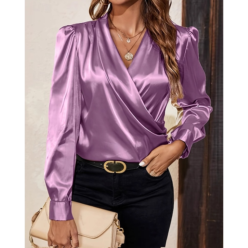 Women's Shirt Elegant Dressy Satin Plain Stylish Modern Long Sleeve Lantern Sleeve V Neck Regular Tops Work Holiday Going out Ruched Champagne Blue Purple Fall4
