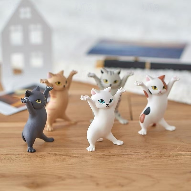 5pcs Cat Model Pen Holder, Cute Stretching Cat Figurine Pen Rest, Desk Ornament Stationery Holder, Creative Lifting Cat Desktop Decoration for Office or Study