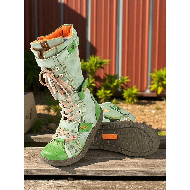 Women's Green Lace-Up Knee-High Boots – Vintage Outdoor Combat Boots for Fall, Farm, Festival and Casual Outfits3
