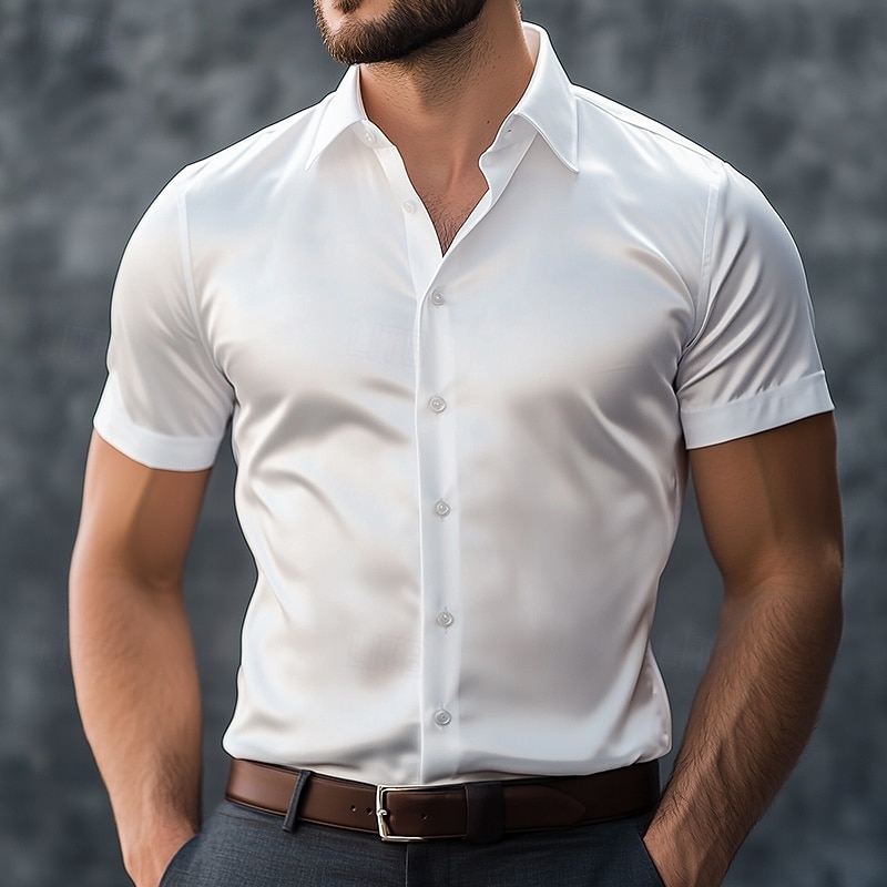 Men's Shirt Silk Like Satin Shirt Summer Shirt Casual Shirt Button Up Shirt Plain Formal Wedding White Short Sleeve Lapel Summer All Seasons Clothing Apparel Classic