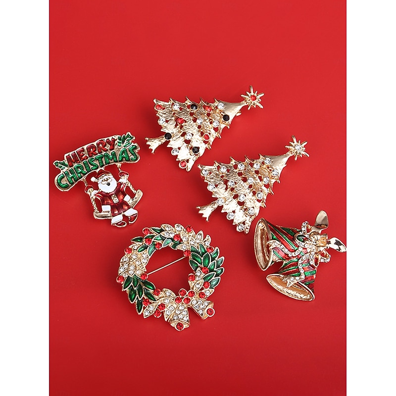 Women's Christmas Rhinestone Brooch Set - Festive Tree, Wreath, Bell and Santa Pins for Holiday Party, Gift and Winter Outfits - Main Image