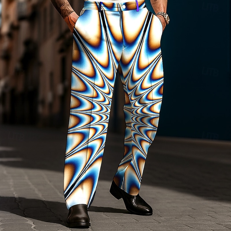 Men's Geometric Optical Illusion Laser Trousers Dress Pants Suit Pants Mid Waist Casual Holiday Streetwear Relaxed Fit Flat Front Dress Pants with Side Pockets Spring Fall 3D Print White Red Blue