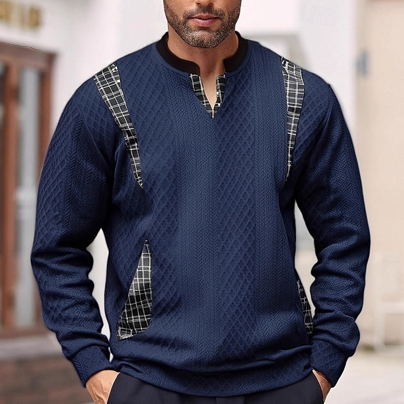 Men's Sweatshirt Pullover Hoodie Sweatshirt Pullover Black White Navy Blue Khaki Gray Round Neck Plain Patchwork Textured Sports & Outdoor Casual Daily Streetwear Cool Sportswear Spring &  Fall