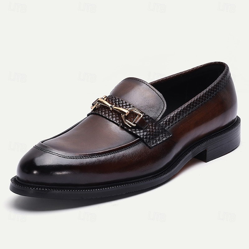 Men's Brown Leather Loafers with Metal Buckle – Elegant Slip-On Dress Shoes for Business, Weddings and Formal Events2