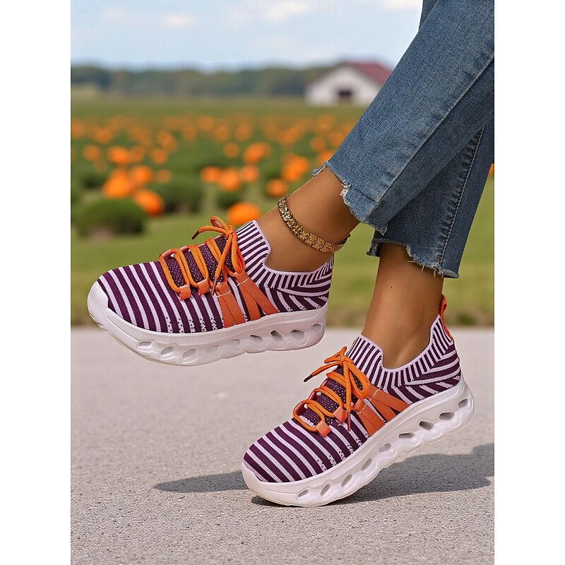 Women's Purple Striped Lace-Up Sneakers – Comfortable Flyknit Running Shoes with Cushion Sole for Gym, Jogging, Halloween and Outdoor Sports4