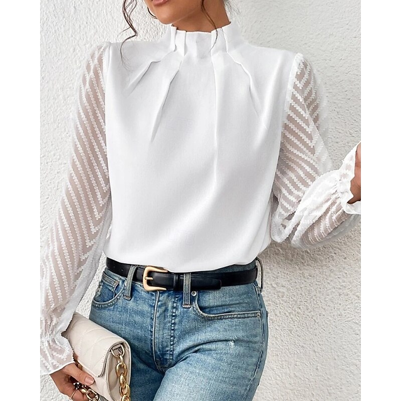 Women's Shirt Blouse Plain Modern Casual Long Sleeve High Neck Regular Tops Daily Going out Patchwork Black White Navy Blue Beige Fall2