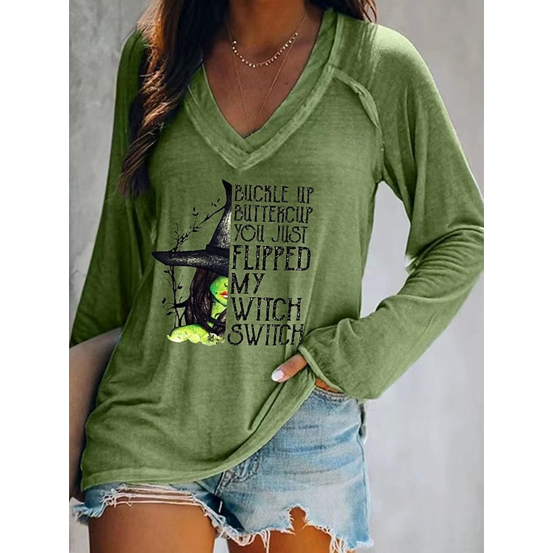 Halloween Women's T shirt Witch Graphic Letter Vintage Stylish Classic Long Sleeve V Neck Regular Tops Daily Print Red Dusty Blue Green Gray Spring Fall