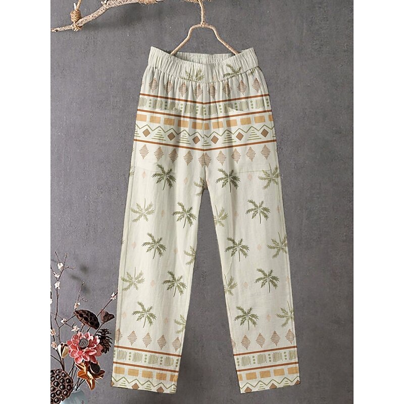 Women's Chinos Pants Trousers Streetwear Casual Full Length High Waist Coconut Tree Elastic Waist Print Breathability Comfortable Stretchy Vacation Street Daily Wear Green Summer Spring Fall Regular