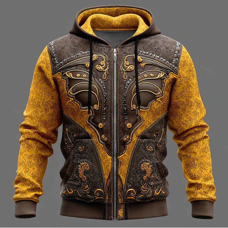 Men's Cowboy Costume Hoodie Jacket Sweatshirt Western Cowboy All Over Print Zip Vacation Streetwear Yellow Light Green Zipper Fall Winter Designer