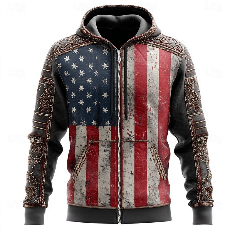 Men's American US Flag Cowboy Costume Hoodie Jacket Sweatshirt Western Cowboy All Over Print Zip Vacation Streetwear Black Brown Zipper Fall Winter Designer2