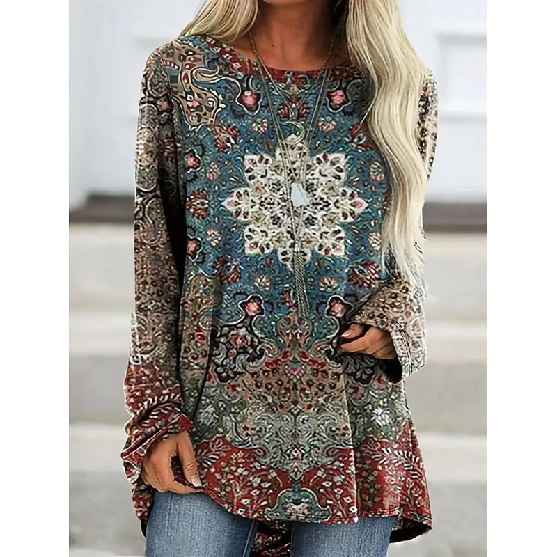 Women's T Shirt Graphic Tribal Vintage Stylish Classic Long Sleeve Crew Neck Round Neck Long Tops Daily Print Red Blue Khaki Spring Fall4
