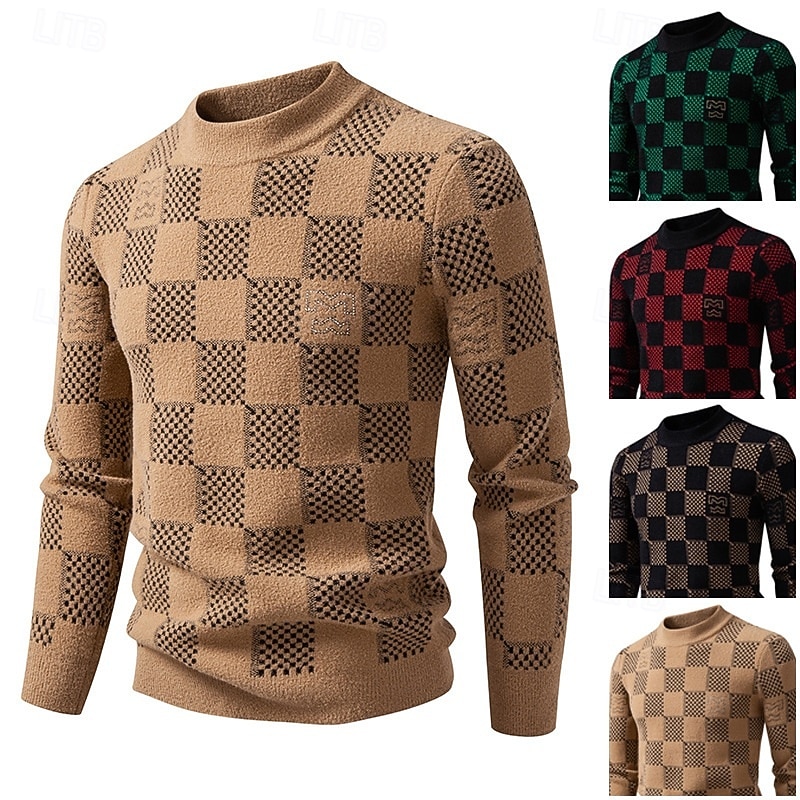 Men's Sweater Pullover Sweater Jumper Ribbed Knit Regular Tops Knitted Slim Fit Plaid Crew Neck Knitwear Contemporary Casual Daily Wear Clothing Apparel Fall Winter Camel Burgundy M L XL