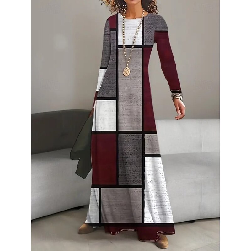 Women's Maxi Dress T Shirt Dress Tee Dress A Line Dress Summer Dress Vacation Casual Beach Daily Regular Fit Graphic Geometric Abstract Long Sleeve Crew Neck Wine Spring Fall Winter