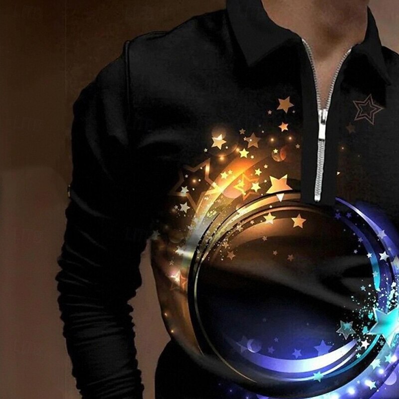 Men's 3D Print Abstract Geometic Polo Long Sleeve Turndown Casual Trendy Street Athleisure Casual Daily Zipper Spring Fall Winter Black Red Brown2