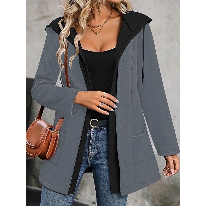 Women's Casual Jacket Hoodie Jacket Comfortable Breathable Patchwork Casual Plain Vacation Street Casual Daily Wear Open Front Regular Hoodie Regular Fit Long Sleeve Outerwear Black Gray Spring Fall4