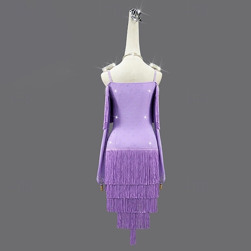 Latin Salsa Dance Dress Crystal / Rhinestone Tassel Women's Performance Party Long Sleeve Salsa Rumba Chacha Dancewear2