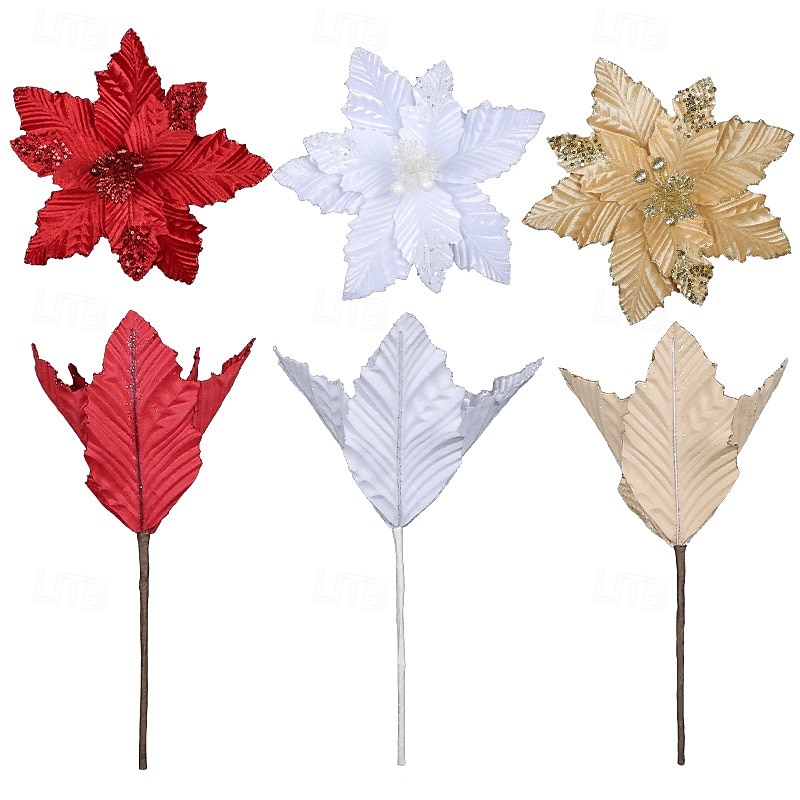 1pc Christmas Poinsettia Artificial Flower, Creative Ruffled Petals with Gold Glitter, Faux Holiday Floral, Christmas Tree Decoration Prop3