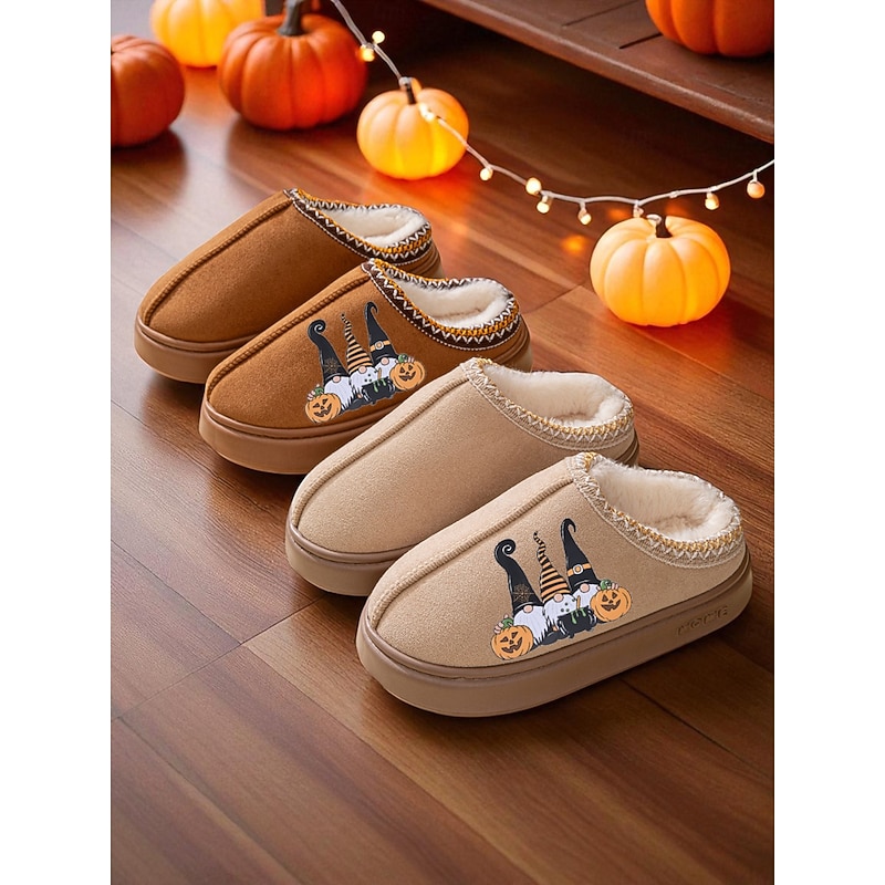 Women's Halloween Gnome Slippers with Plush Lining - Cozy Indoor House Shoes with Pumpkin Print for Fall and Holiday Gift Giving