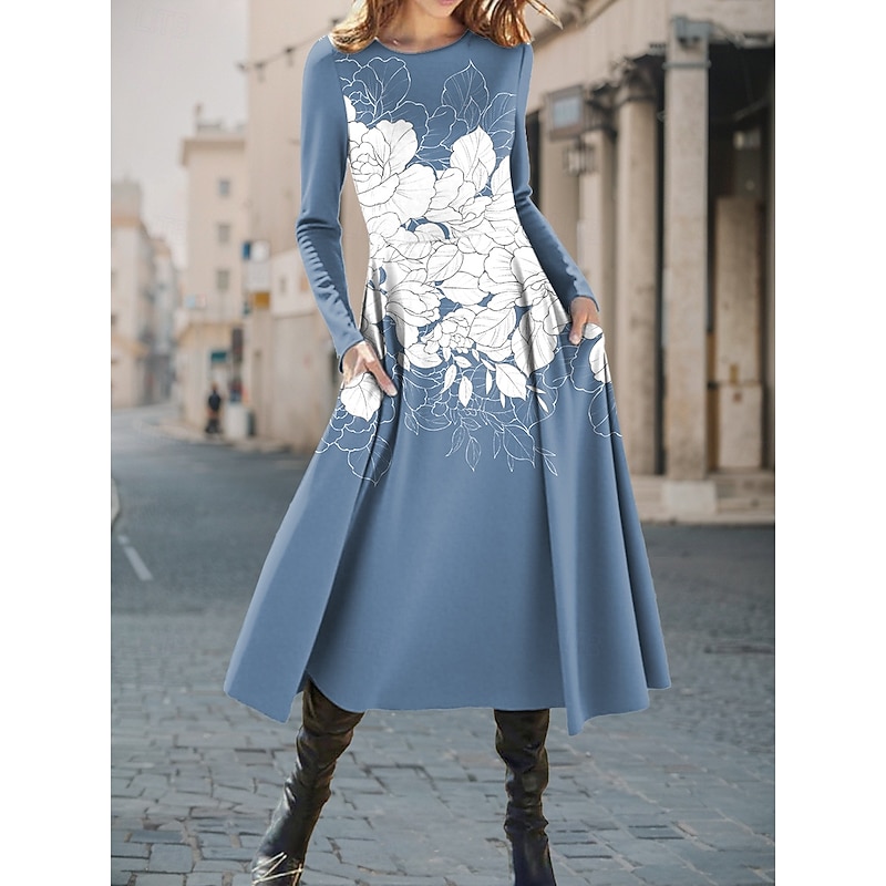 Women's Midi Dress A Line Dress Fit And Flare Dress Vacation Casual Daily Regular Fit Floral Graphic Long Sleeve Crew Neck Yellow Blue Purple Green Spring Fall Winter